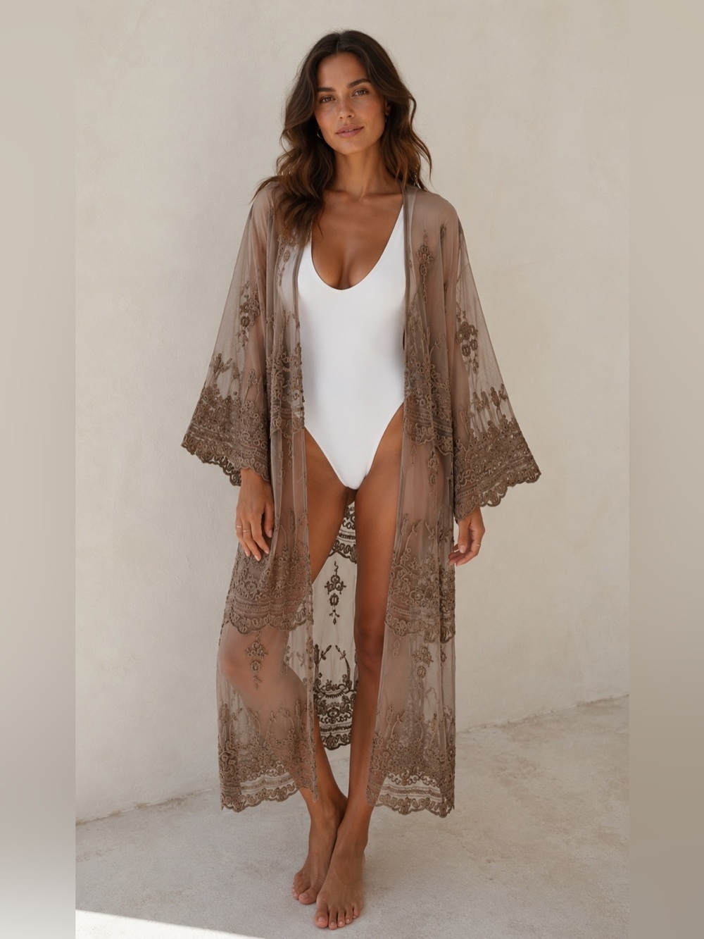 Sheer Lace Kimono Duster Boho Western Embroidered Cardigan Vacation Beach Medium